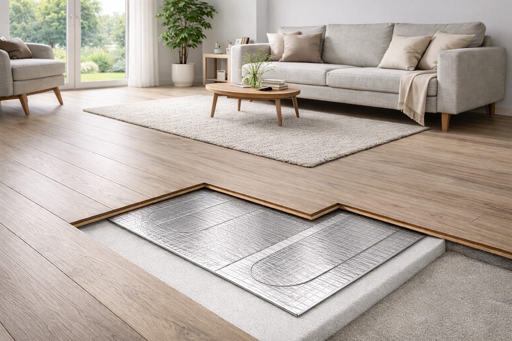 Elektrische Heizmatte für Fußbodenheizung mit Laminat Vinyl und Parkett