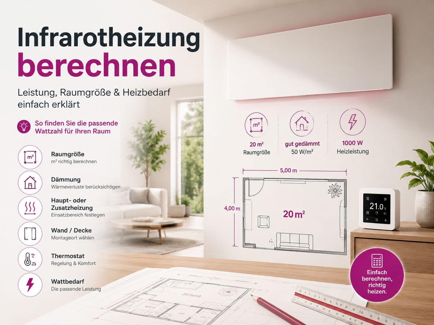 Infrarotheizung Leistung berechnen mit Raumgröße, Dämmung und Wattbedarf