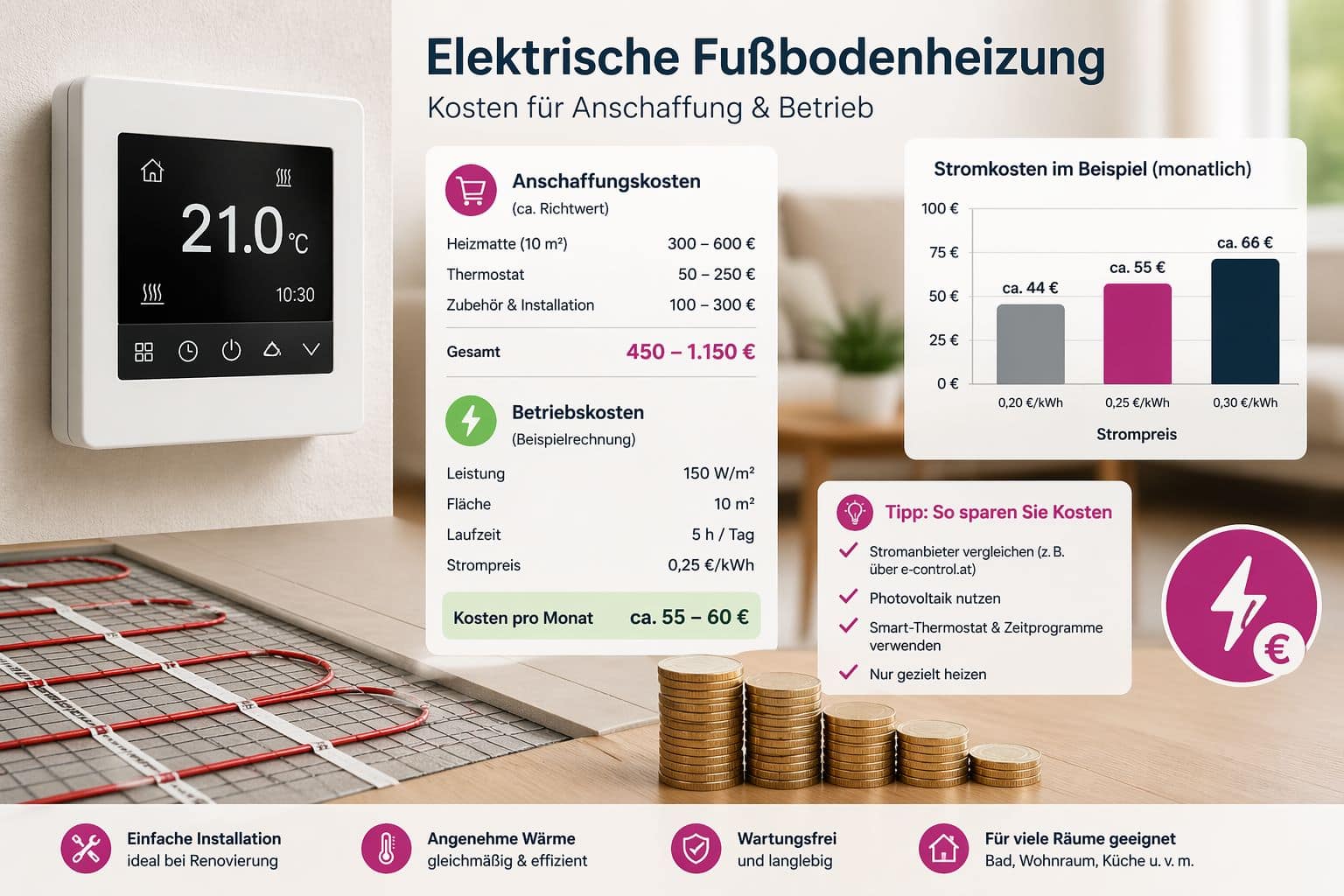 Kosten elektrische Fußbodenheizung Stromverbrauch Beispiel