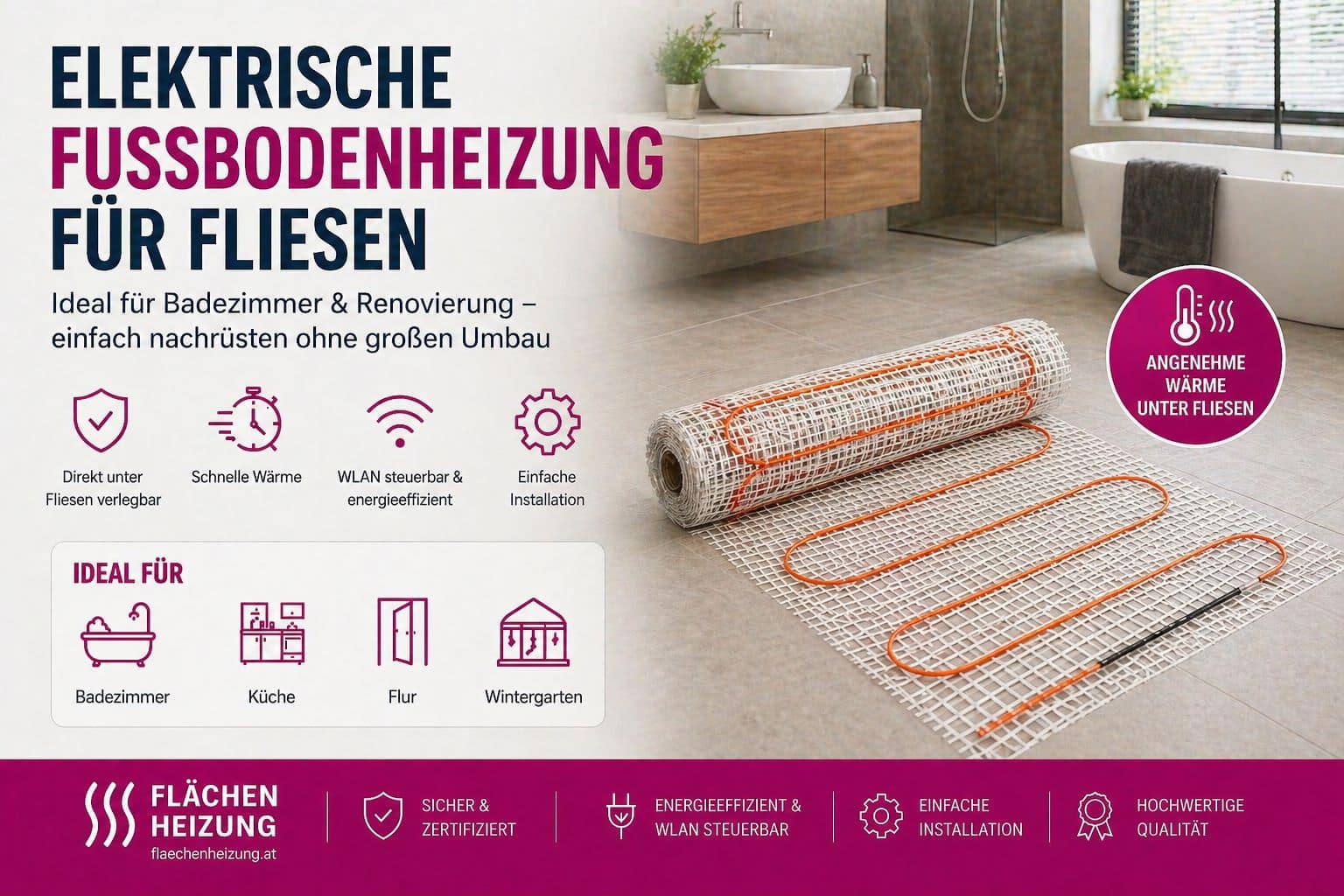 Elektrische Fußbodenheizung unter Fliesen im Badezimmer