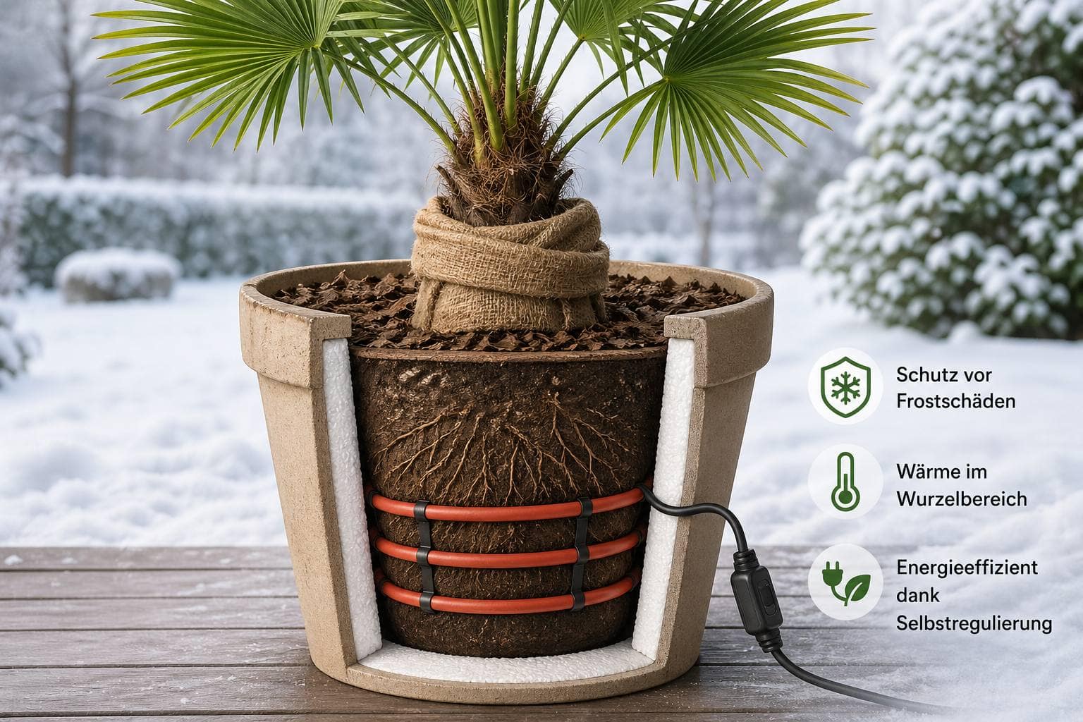 Palme im Topf überwintern mit Heizband – Frostschutz im Wurzelbereich durch selbstregulierende Begleitheizung