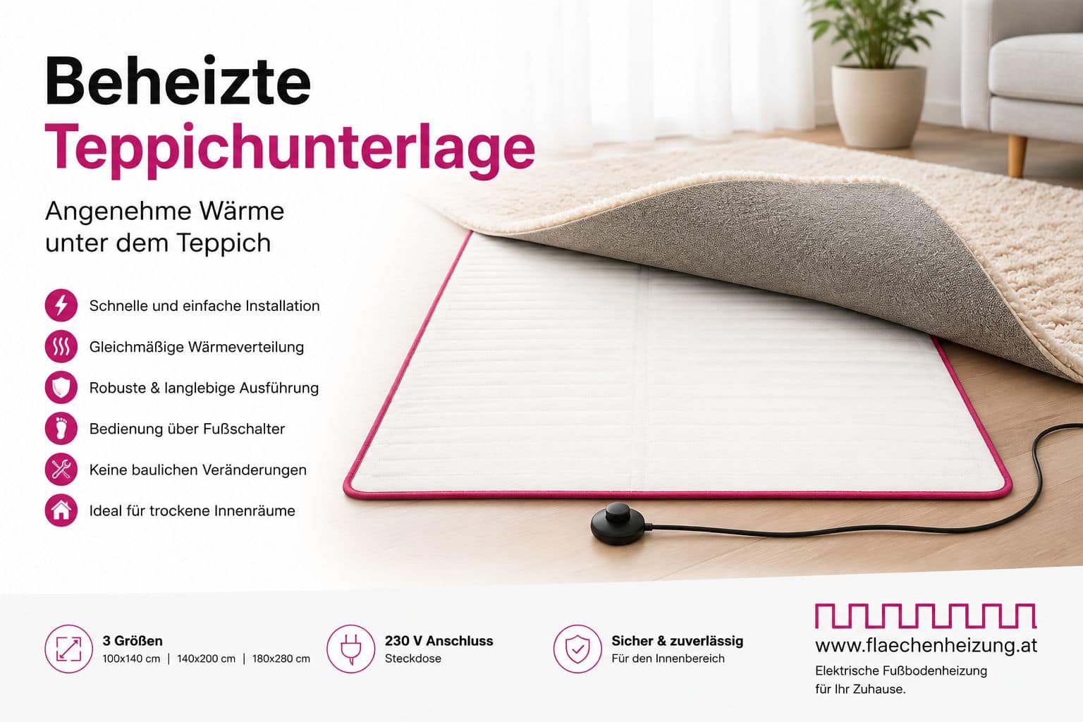 Beheizte Teppichunterlage für angenehme Wärme unter dem Teppich