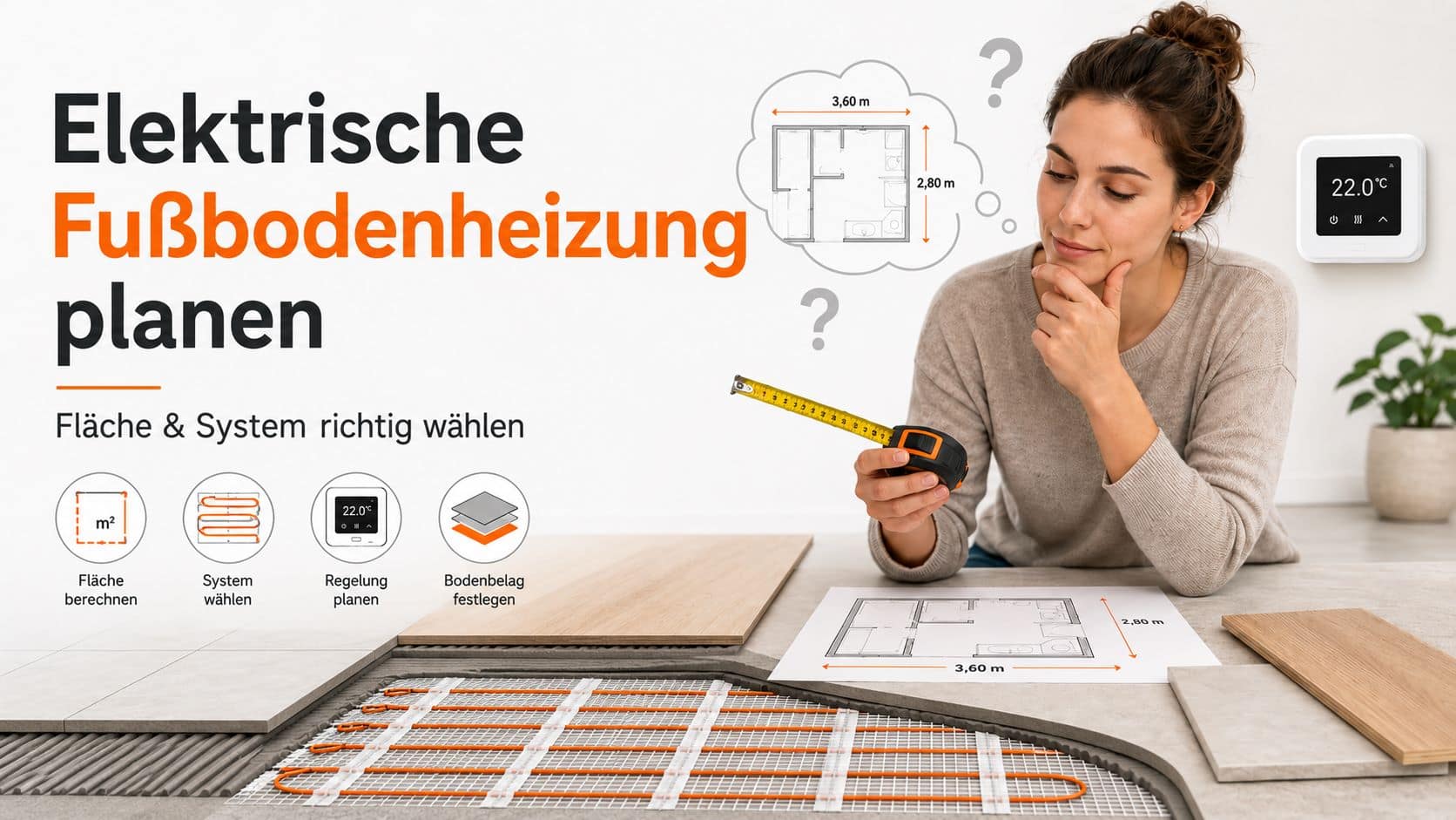 Elektrische Fußbodenheizung planen mit Maßband, Grundriss, Heizmatte und Thermostat