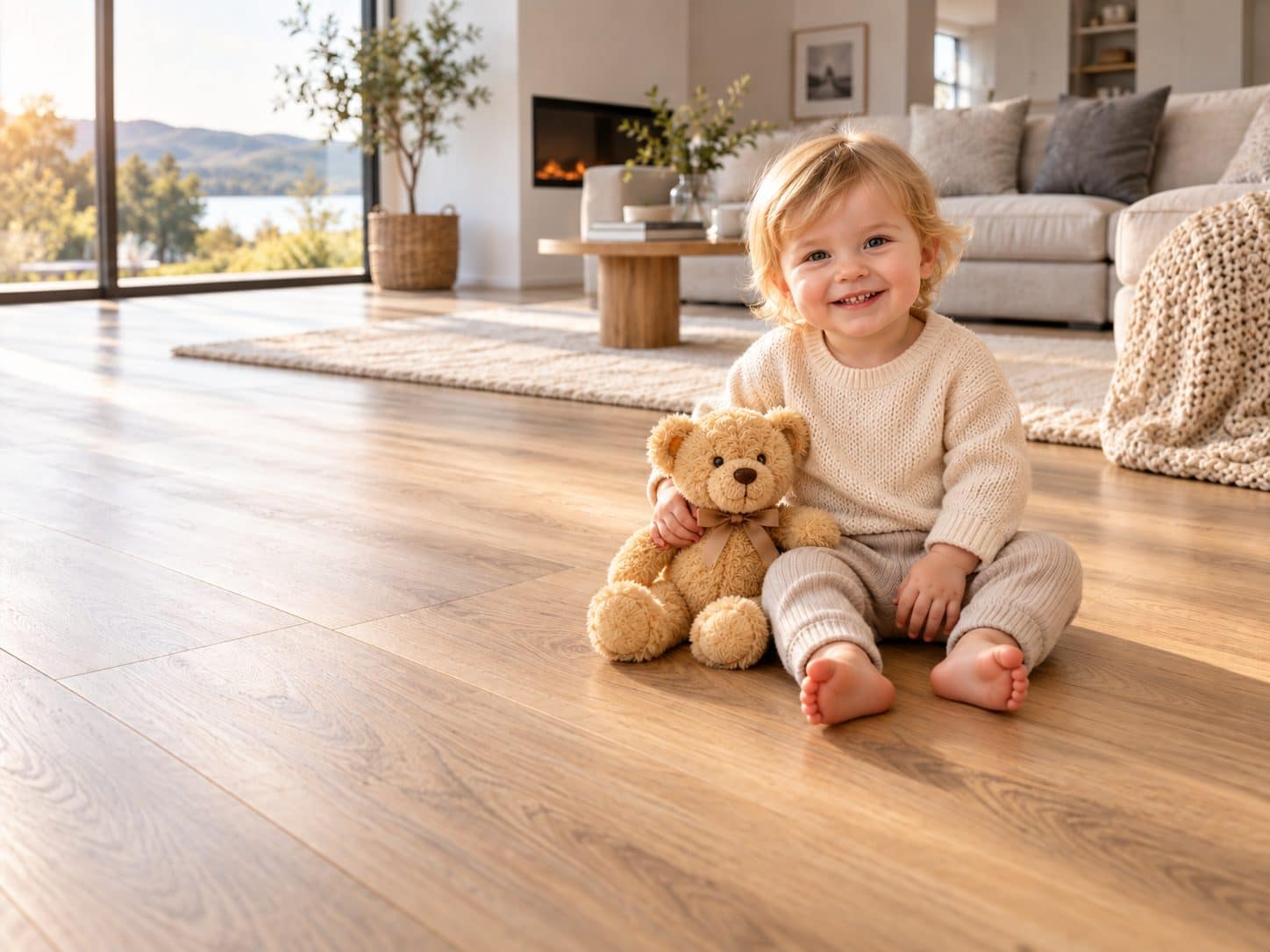 Kleinkind mit Teddybär auf warmem Holzboden mit elektrischer Fußbodenheizung